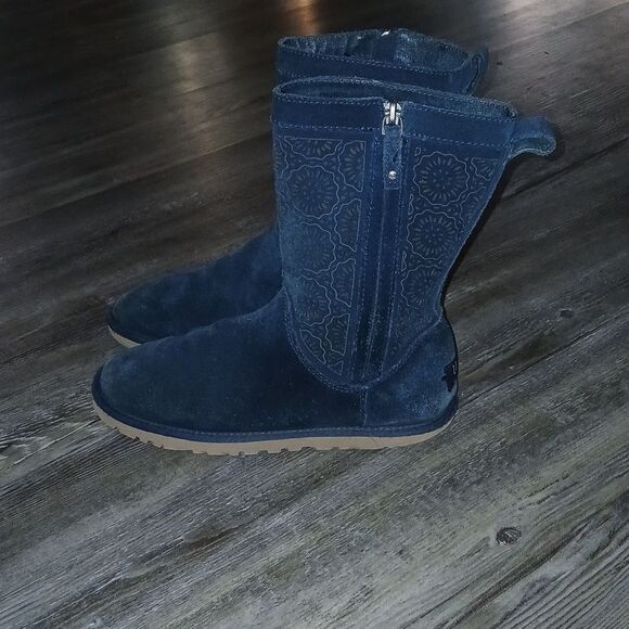 UGG Blue Floral Pattern Perforated Suede Side Zip Boots Sz 6  S/N 1004545 EUC - Picture 3 of 8